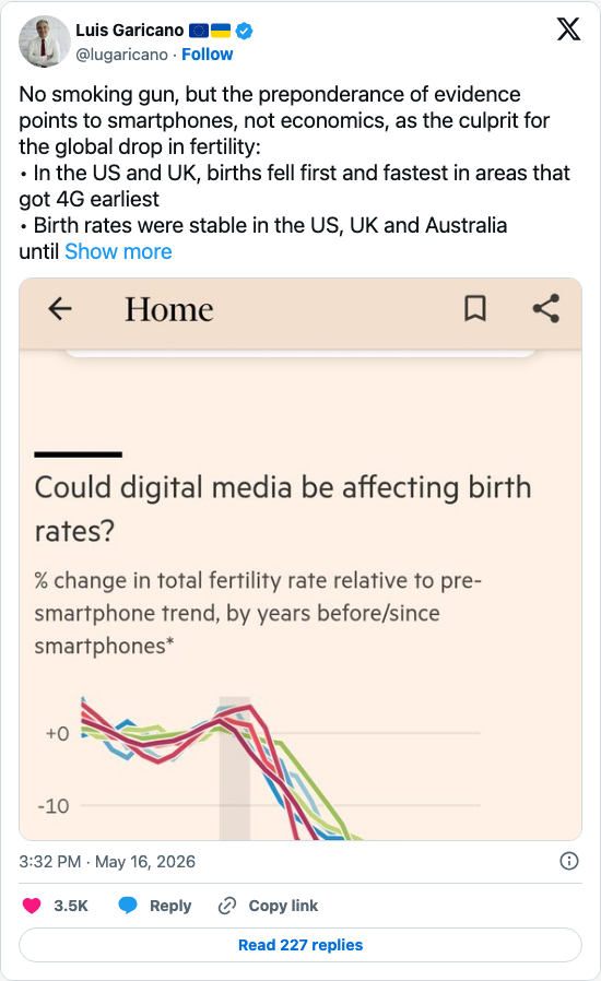 Timeline screenshot: No smoking gun, but the preponderance of evidence points to smartphones, not economics, as the culprit for the global drop in fertility:
• In the US and UK, …