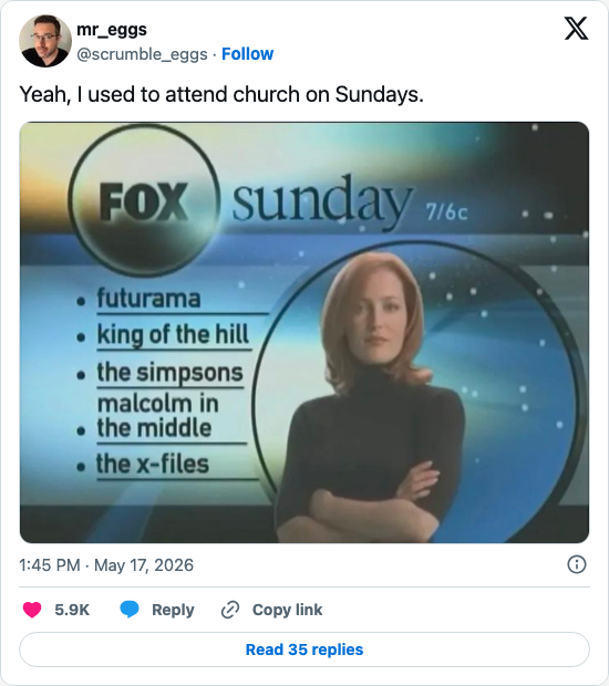Timeline screenshot: Yeah, I used to attend church on Sundays. pic.twitter.com/w7TpSbnXVr