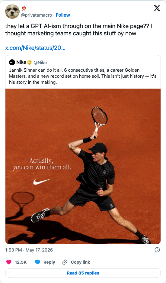 Timeline screenshot: they let a GPT AI-ism through on the main Nike page?? I thought marketing teams caught this stuff by nowhttps://t.co/INlebroUsf