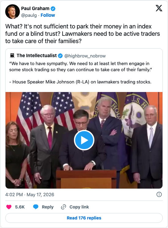 Timeline screenshot: What? It's not sufficient to park their money in an index fund or a blind trust? Lawmakers need to be active traders to take care of their families? https://…