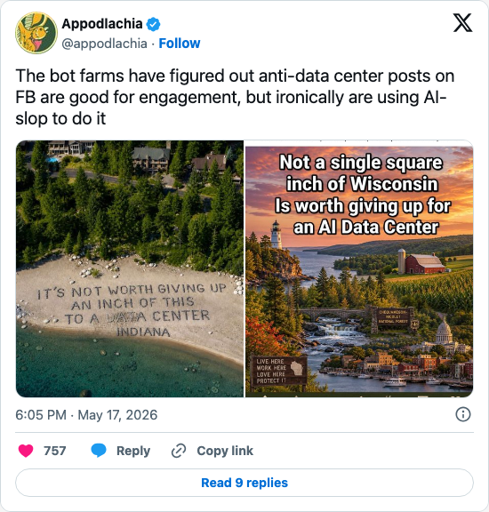 Timeline screenshot: The bot farms have figured out anti-data center posts on FB are good for engagement, but ironically are using AI-slop to do it pic.twitter.com/WsspFMkDTW