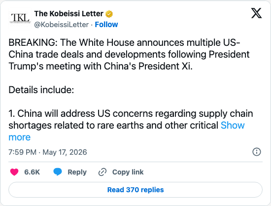 Timeline screenshot: BREAKING: The White House announces multiple US-China trade deals and developments following President Trump's meeting with China's President Xi.

Details in…