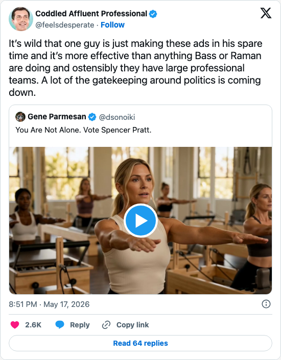 Timeline screenshot: It’s wild that one guy is just making these ads in his spare time and it’s more effective than anything Bass or Raman are doing and ostensibly they have larg…