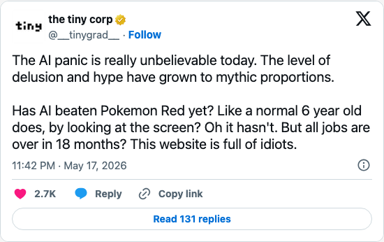 Timeline screenshot: The AI panic is really unbelievable today. The level of delusion and hype have grown to mythic proportions.

Has AI beaten Pokemon Red yet? Like a normal 6 y…