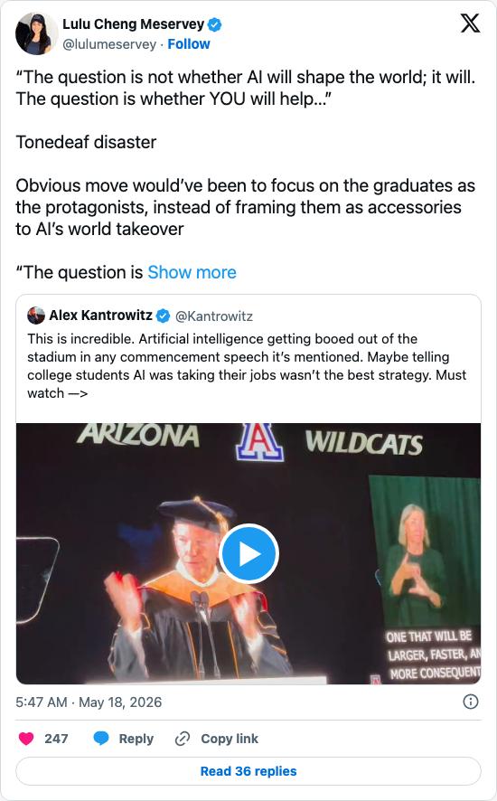 Timeline screenshot: “The question is not whether AI will shape the world; it will. The question is whether YOU will help…”

Tonedeaf disaster

Obvious move would’ve been to focu…