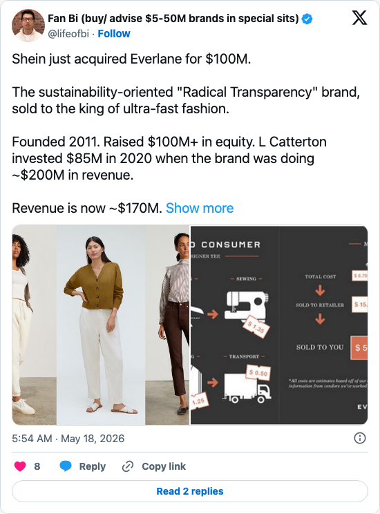 Timeline screenshot: Shein just acquired Everlane for $100M.

The sustainability-oriented "Radical Transparency" brand, sold to the king of ultra-fast fashion.

Founded 2011. Rai…