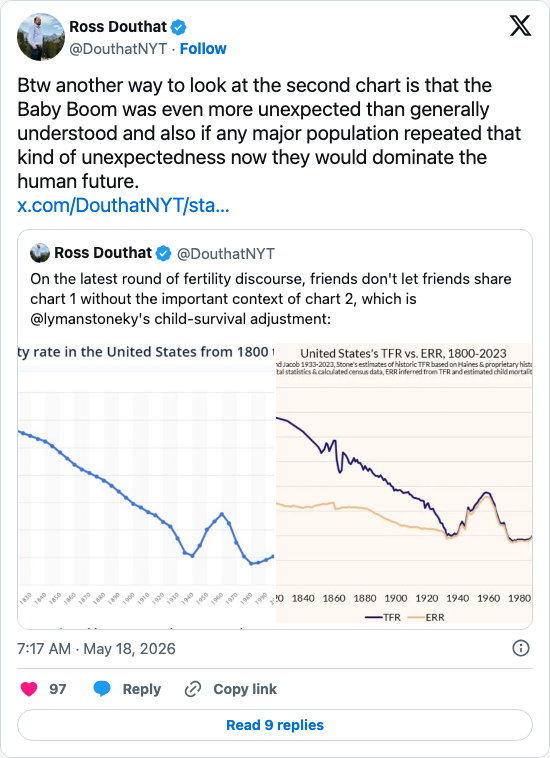 Timeline screenshot: Btw another way to look at the second chart is that the Baby Boom was even more unexpected than generally understood and also if any major population repeate…