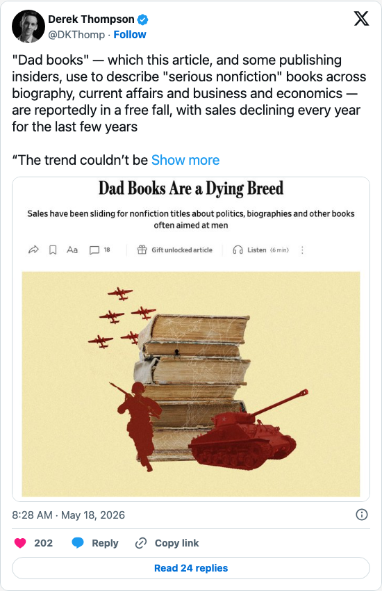 Timeline screenshot: "Dad books" — which this article, and some publishing insiders, use to describe "serious nonfiction" books across biography, current affairs and business and…