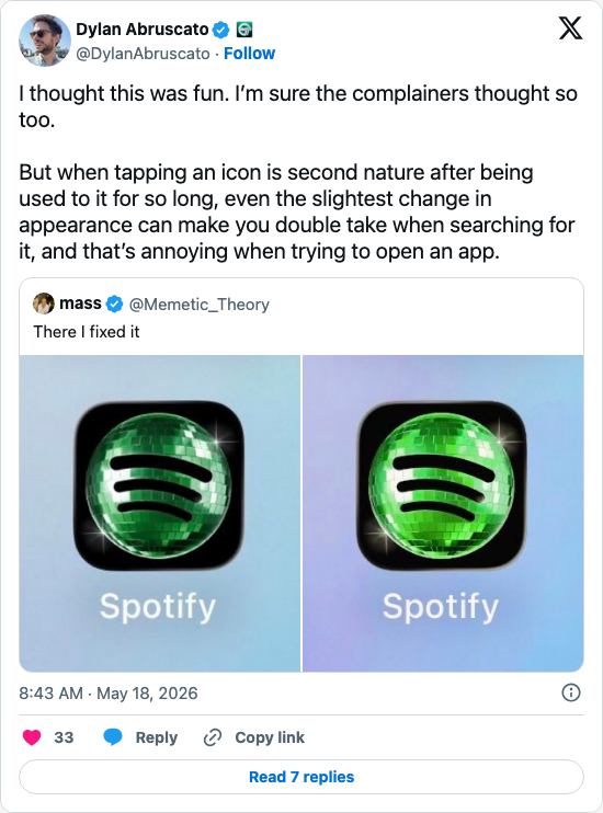 Timeline screenshot: I thought this was fun. I’m sure the complainers thought so too.

But when tapping an icon is second nature after being used to it for so long, even the slig…