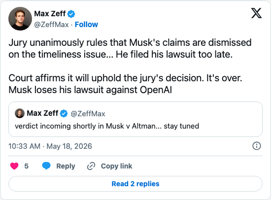 Timeline screenshot: Jury unanimously rules that Musk's claims are dismissed on the timeliness issue... He filed his lawsuit too late.

Court affirms it will uphold the jury's de…