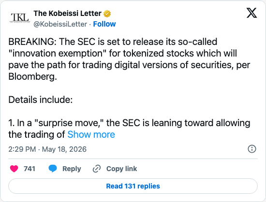 Timeline screenshot: BREAKING: The SEC is set to release its so-called "innovation exemption" for tokenized stocks which will pave the path for trading digital versions of securi…