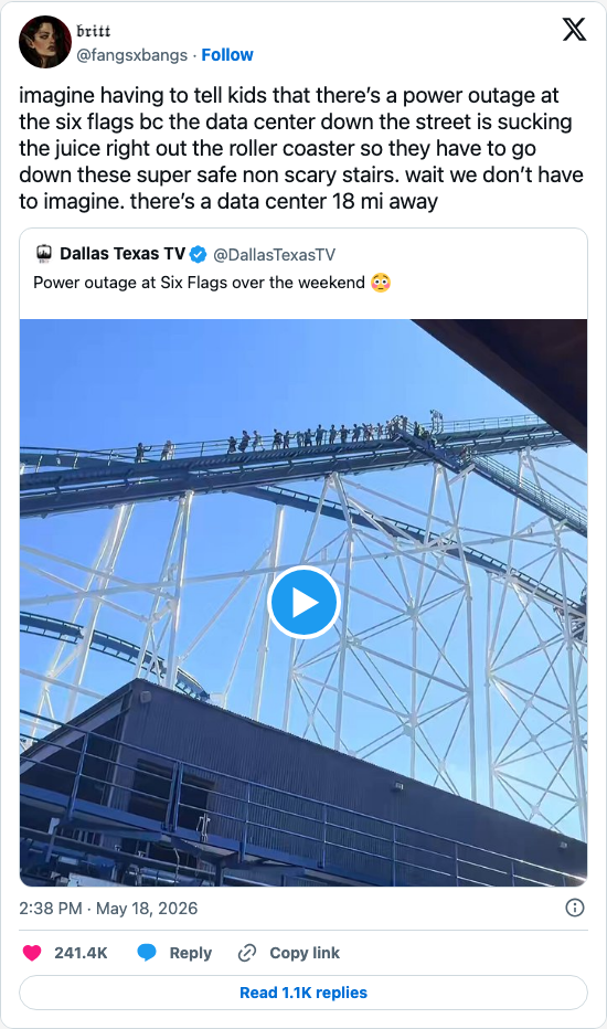Timeline screenshot: imagine having to tell kids that there’s a power outage at the six flags bc the data center down the street is sucking the juice right out the roller coaster…