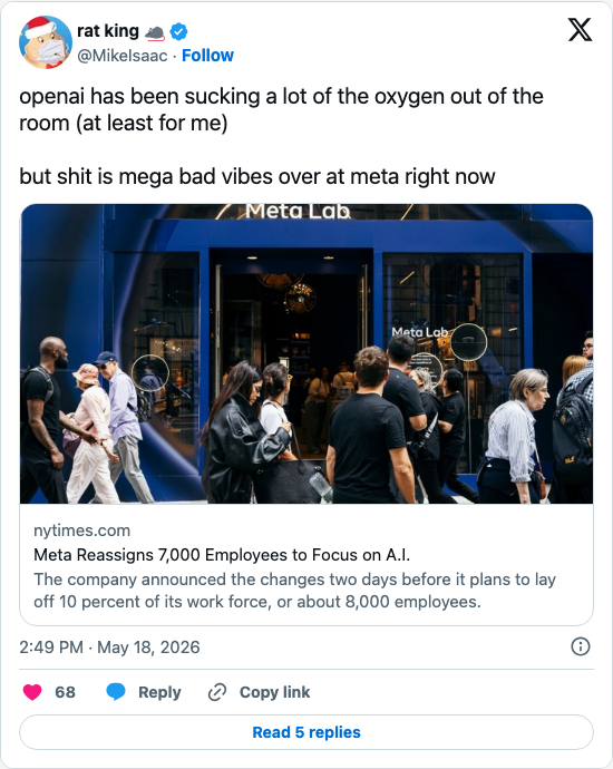 Timeline screenshot: openai has been sucking a lot of the oxygen out of the room (at least for me)

but shit is mega bad vibes over at meta right nowhttps://t.co/2LPe3m0Ulu