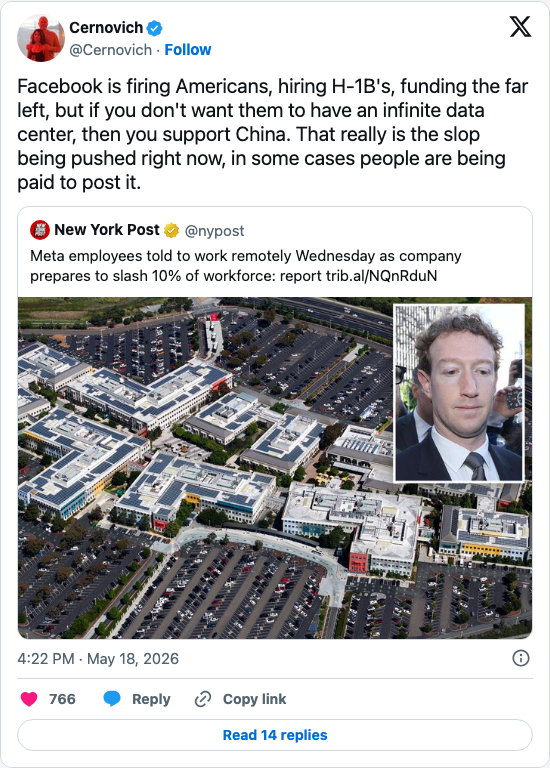 Timeline screenshot: Facebook is firing Americans, hiring H-1B's, funding the far left, but if you don't want them to have an infinite data center, then you support China. That r…