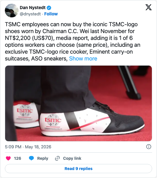 Timeline screenshot: TSMC employees can now buy the iconic TSMC-logo shoes worn by Chairman C.C. Wei last November for NT$2,200 (US$70), media report, adding it is 1 of 6 options…