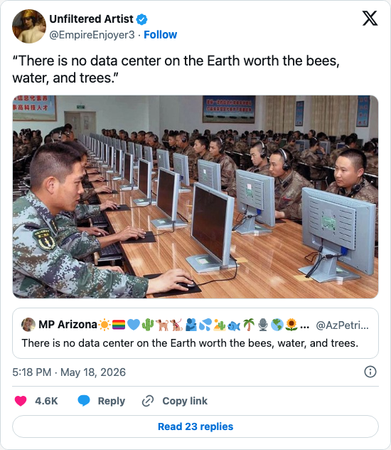Timeline screenshot: “There is no data center on the Earth worth the bees, water, and trees.” https://t.co/s7RjuaIJBr pic.twitter.com/ORdNubebEP