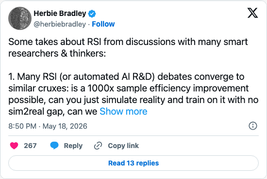 Timeline screenshot: Some takes about RSI from discussions with many smart researchers & thinkers:

1. Many RSI (or automated AI R&D) debates converge to similar cruxes: is a 100…