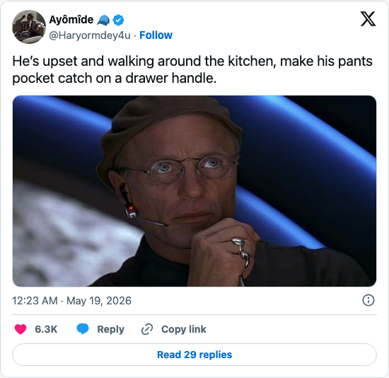 Timeline screenshot: He’s upset and walking around the kitchen, make his pants pocket catch on a drawer handle. pic.twitter.com/IQxqDu4uev