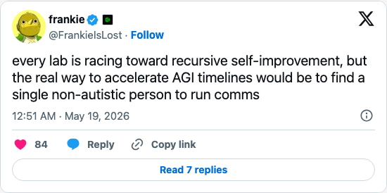 Timeline screenshot: every lab is racing toward recursive self-improvement, but the real way to accelerate AGI timelines would be to find a single non-autistic person to run comms