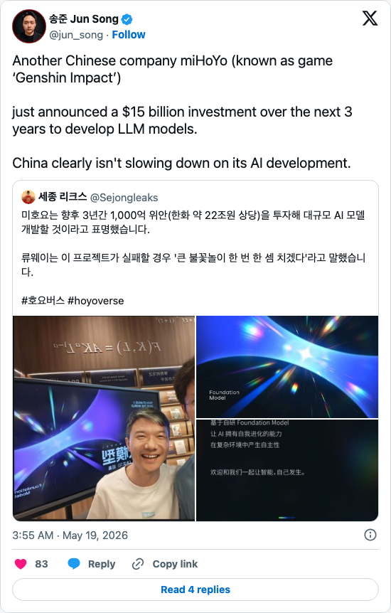 Timeline screenshot: Another Chinese company miHoYo (known as game ‘Genshin Impact’)

just announced a $15 billion investment over the next 3 years to develop LLM models.

China …