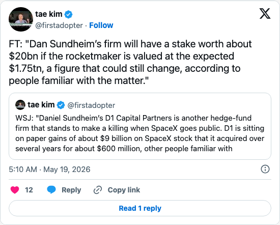 Timeline screenshot: FT: "Dan Sundheim’s firm will have a stake worth about $20bn if the rocketmaker is valued at the expected $1.75tn, a figure that could still change, accordin…