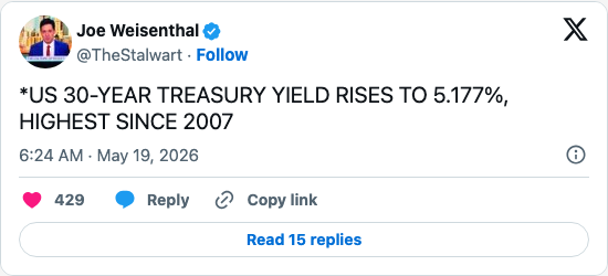 Timeline screenshot: *US 30-YEAR TREASURY YIELD RISES TO 5.177%, HIGHEST SINCE 2007