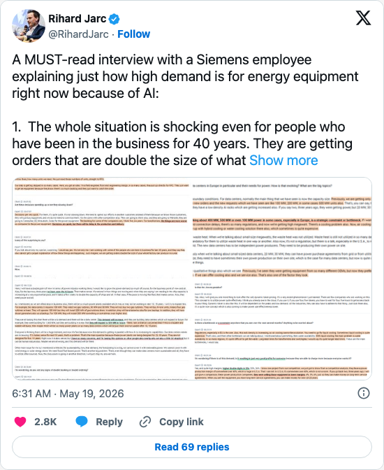 Timeline screenshot: A MUST-read interview with a Siemens employee explaining just how high demand is for energy equipment right now because of AI:

1.  The whole situation is sh…