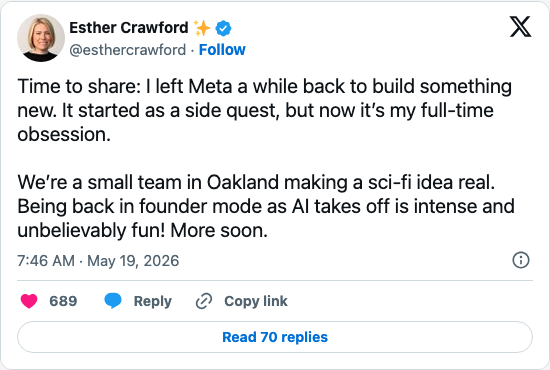 Timeline screenshot: Time to share: I left Meta a while back to build something new. It started as a side quest, but now it’s my full-time obsession. 

We’re a small team in Oakl…