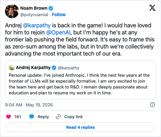Timeline screenshot: Andrej @karpathy is back in the game! I would have loved for him to rejoin @OpenAI, but I'm happy he's at any frontier lab pushing the field forward. It’s ea…
