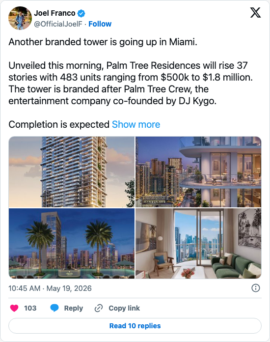 Timeline screenshot: Another branded tower is going up in Miami. 

Unveiled this morning, Palm Tree Residences will rise 37 stories with 483 units ranging from $500k to $1.8 mill…