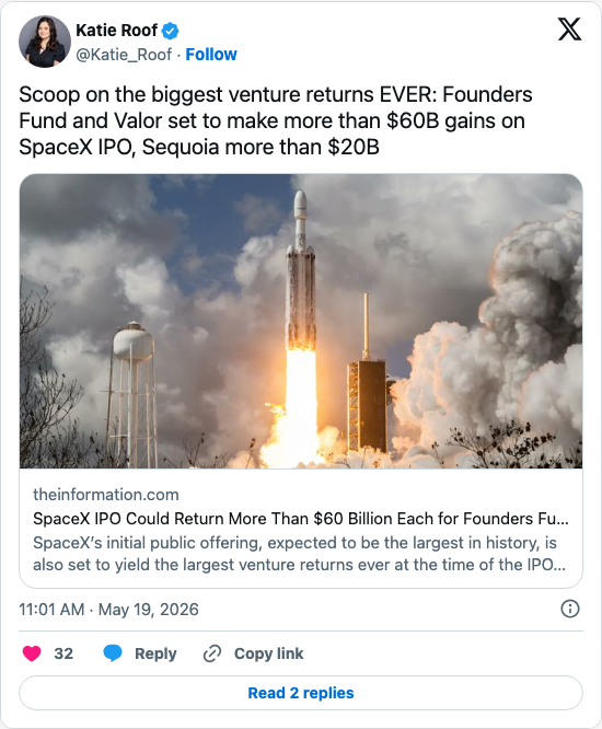 Timeline screenshot: Scoop on the biggest venture returns EVER: Founders Fund and Valor set to make more than $60B gains on SpaceX IPO, Sequoia more than $20B https://t.co/HglRny…