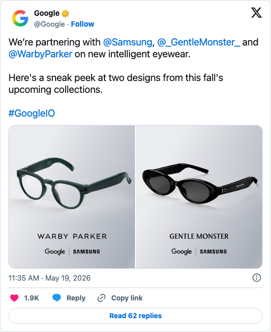 Timeline screenshot: We’re partnering with @Samsung, @_GentleMonster_ and @WarbyParker on new intelligent eyewear.

Here's a sneak peek at two designs from this fall's upcoming c…