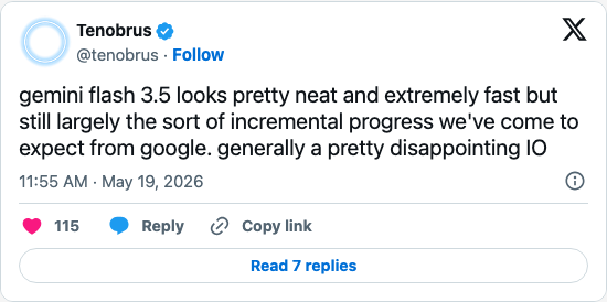 Timeline screenshot: gemini flash 3.5 looks pretty neat and extremely fast but still largely the sort of incremental progress we've come to expect from google. generally a pretty…
