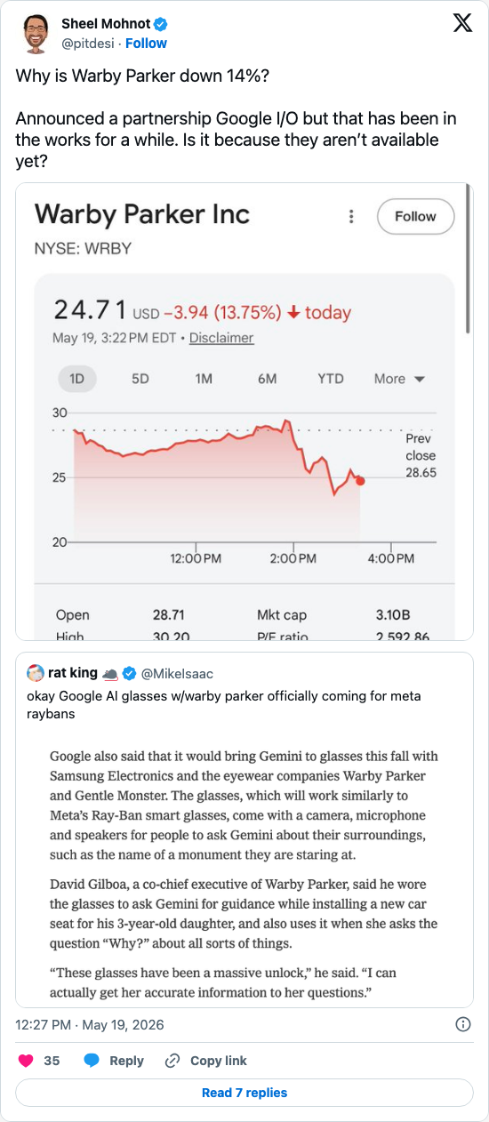 Timeline screenshot: Why is Warby Parker down 14%?

Announced a partnership Google I/O but that has been in the works for a while. Is it because they aren’t available yet? https:…