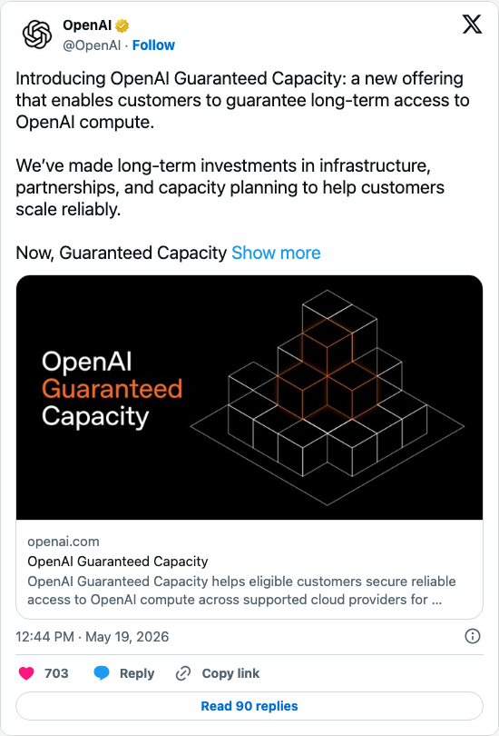 Timeline screenshot: Introducing OpenAI Guaranteed Capacity: a new offering that enables customers to guarantee long-term access to OpenAI compute.

We’ve made long-term investme…