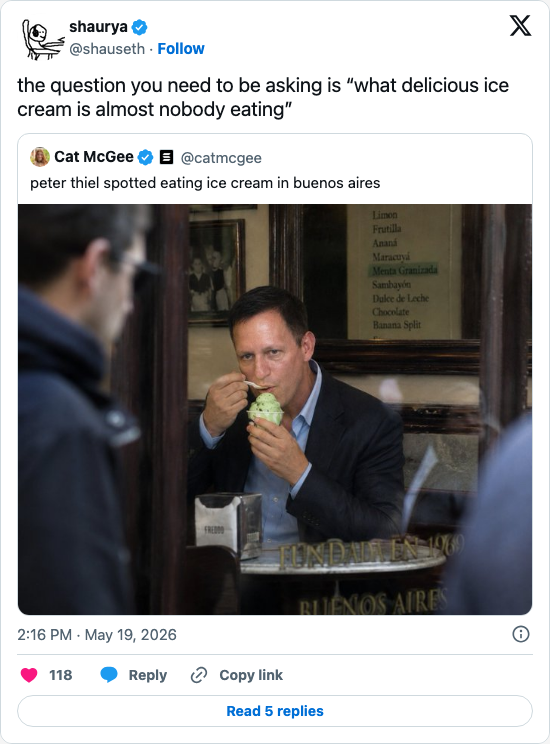 Timeline screenshot: the question you need to be asking is “what delicious ice cream is almost nobody eating” https://t.co/TqYnH4PcxN