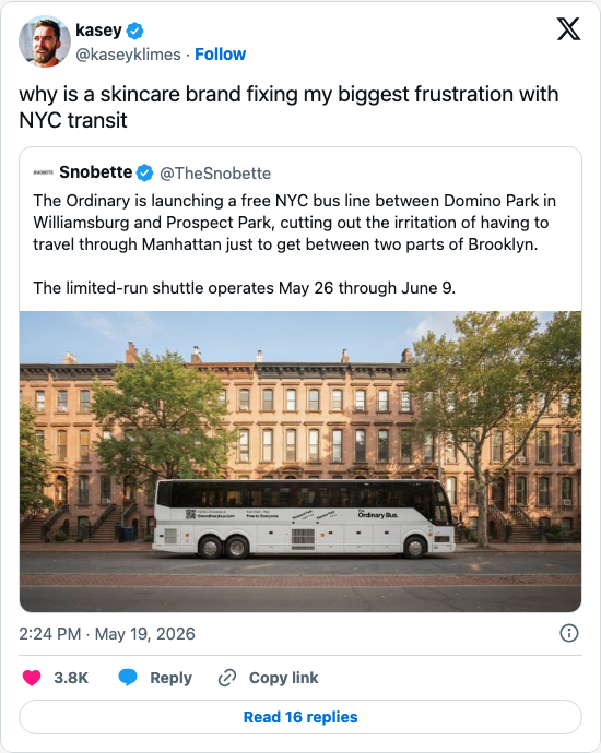 Timeline screenshot: why is a skincare brand fixing my biggest frustration with NYC transit https://t.co/rrEie1Srct