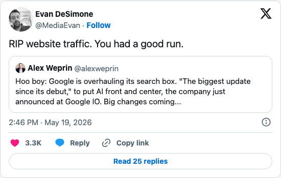 Timeline screenshot: RIP website traffic. You had a good run. https://t.co/VhTFubefud