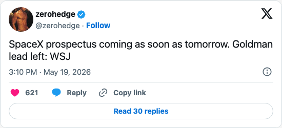 Timeline screenshot: SpaceX prospectus coming as soon as tomorrow. Goldman lead left: WSJ