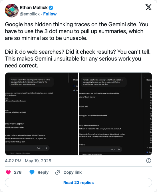 Timeline screenshot: Google has hidden thinking traces on the Gemini site. You have to use the 3 dot menu to pull up summaries, which are so minimal as to be unusable. 

Did it d…