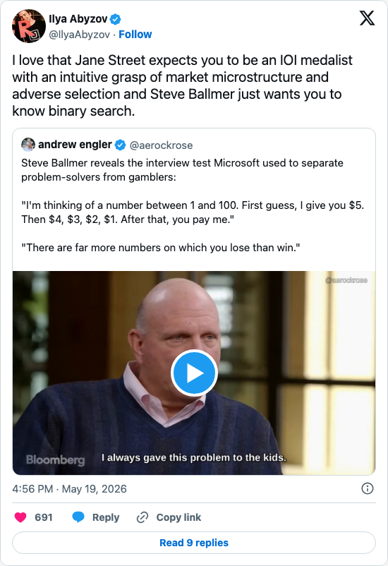 Timeline screenshot: I love that Jane Street expects you to be an IOI medalist with an intuitive grasp of market microstructure and adverse selection and Steve Ballmer just wants…