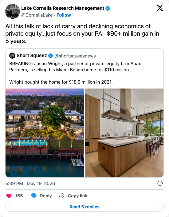 Timeline screenshot: All this talk of lack of carry and declining economics of private equity…just focus on your PA.  $90+ million gain in 5 years. https://t.co/PFSip8J0gP