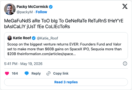 Timeline screenshot: MeGaFuNdS aRe ToO bIg To GeNeRaTe ReTuRnS tHeY’rE bAsICaLlY jUsT fEe CoLlEcToRs https://t.co/VajiEH38gs