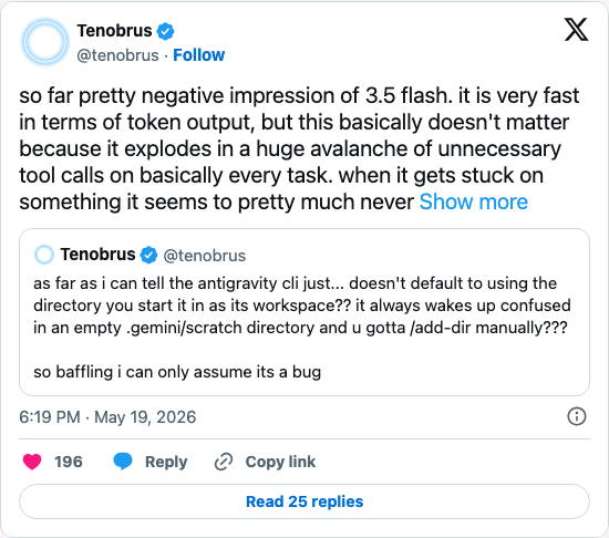 Timeline screenshot: so far pretty negative impression of 3.5 flash. it is very fast in terms of token output, but this basically doesn't matter because it explodes in a huge ava…