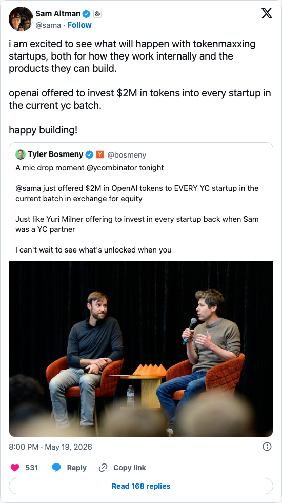 Timeline screenshot: i am excited to see what will happen with tokenmaxxing startups, both for how they work internally and the products they can build.

openai offered to invest…