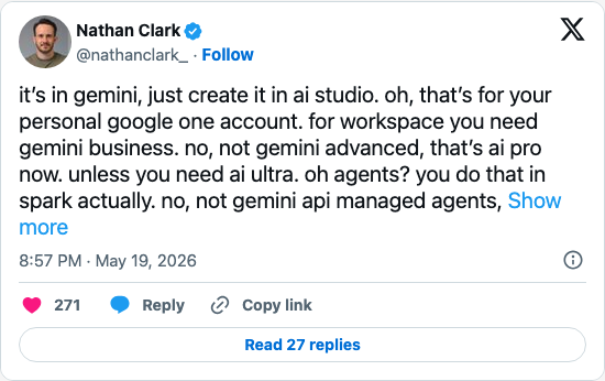 Timeline screenshot: it’s in gemini, just create it in ai studio. oh, that’s for your personal google one account. for workspace you need gemini business. no, not gemini advanced…