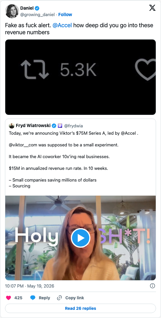 Timeline screenshot: Fake as fuck alert. @Accel how deep did you go into these revenue numbers https://t.co/Kb3vJmozCZ pic.twitter.com/iTcTJ6pFnB