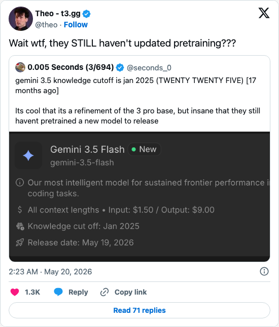 Timeline screenshot: Wait wtf, they STILL haven't updated pretraining??? https://t.co/fiQaoCVQxc