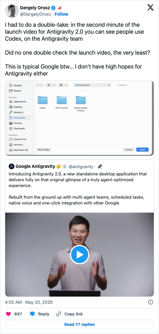 Timeline screenshot: I had to do a double-take: in the second minute of the launch video for Antigravity 2.0 you can see people use Codex, on the Antigravity team

Did no one dou…