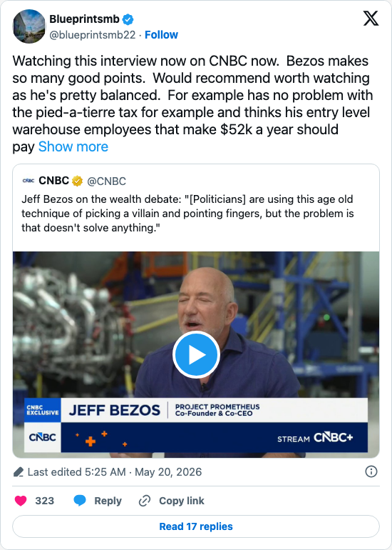 Timeline screenshot: Watching this interview now on CNBC now.  Bezos makes so many good points.  Would recommend worth watching as he's pretty balanced.  For example has no probl…